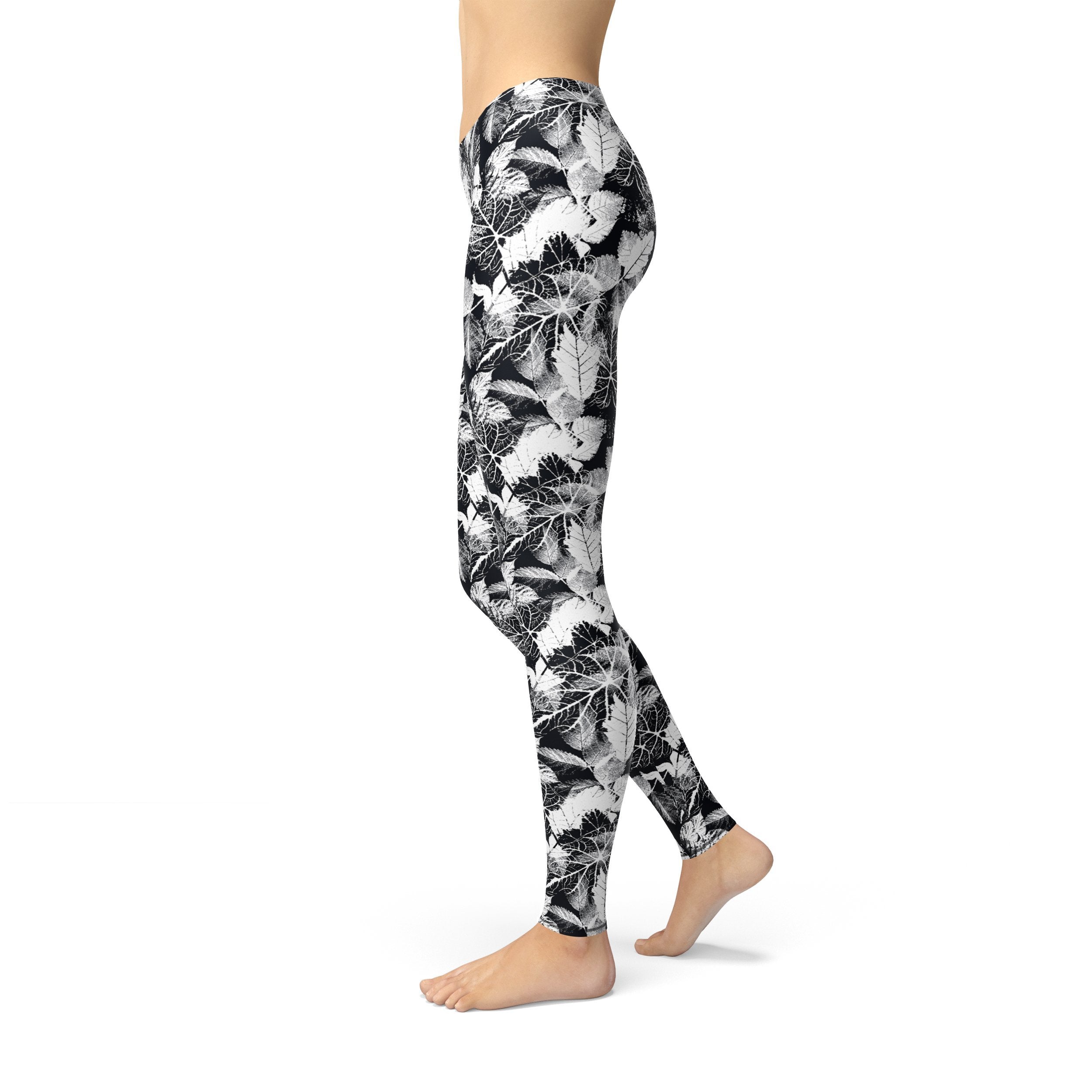 Avery Black White Leaves Leggings