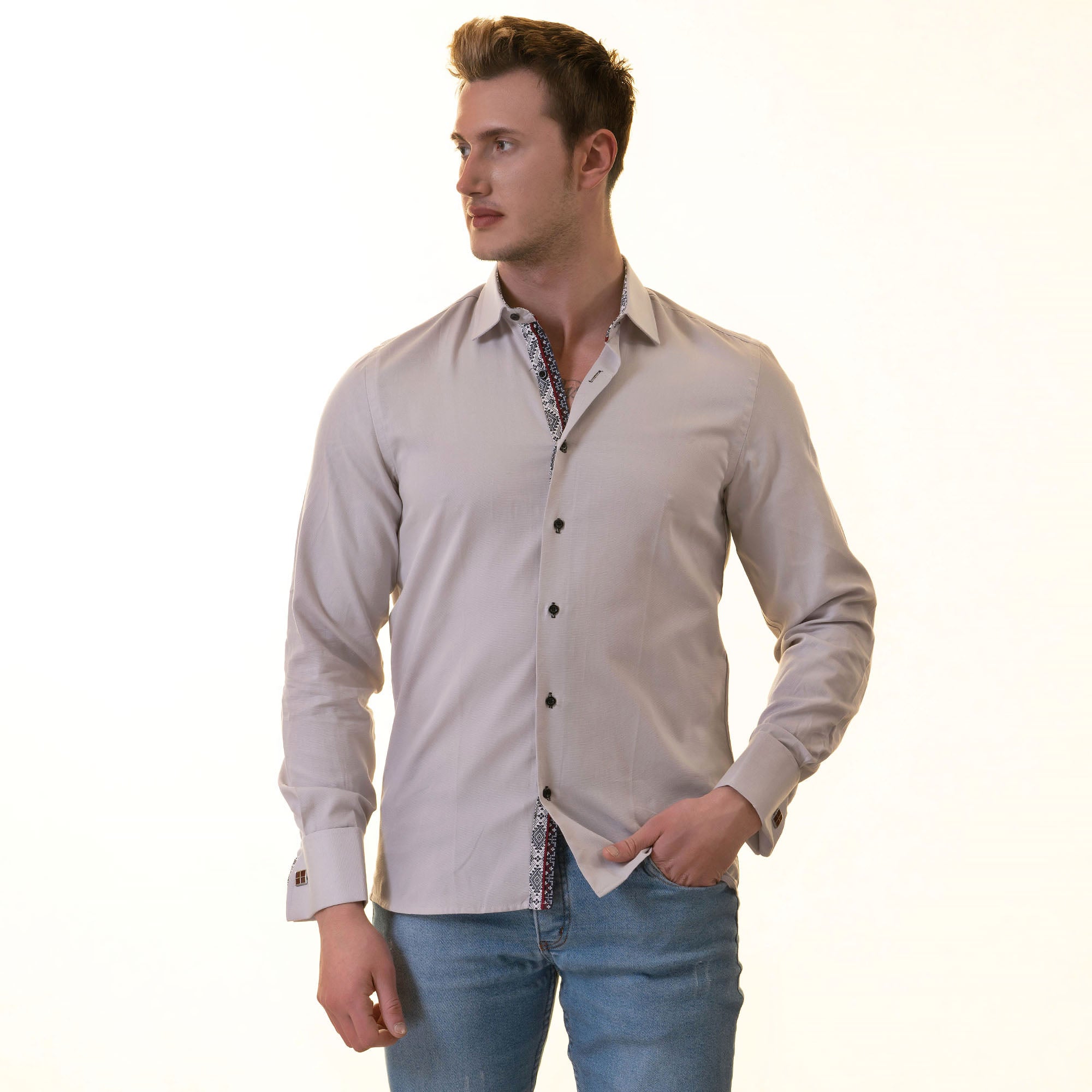 Gray with inside White Ptrined Double Cuff Shirt Mens Slim Fit