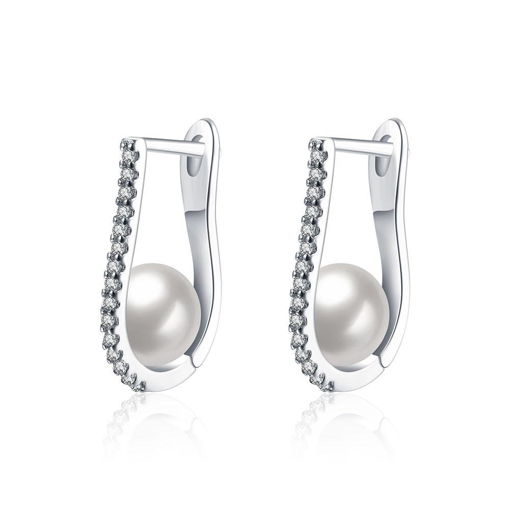 2.00 Ct  Crystal and Pearl Huggie Earring in 18K White Gold Plated | Silver Milo