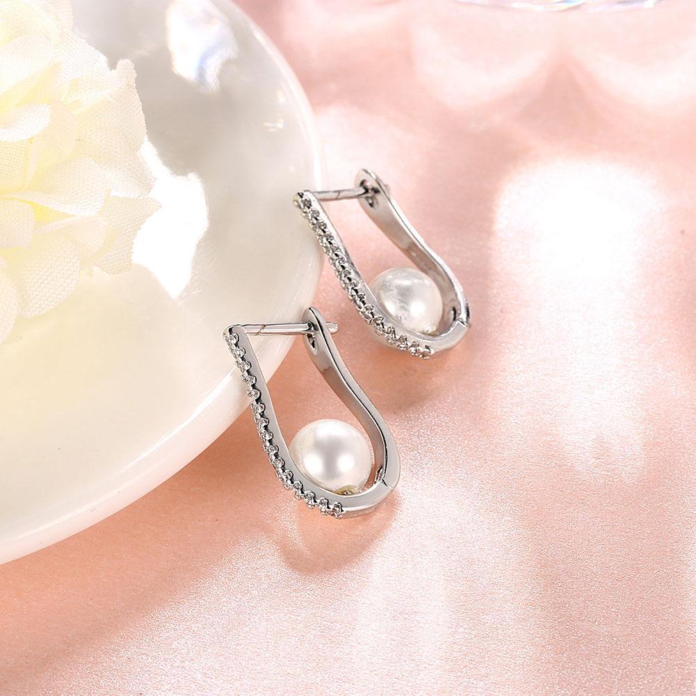 2.00 Ct  Crystal and Pearl Huggie Earring in 18K White Gold Plated