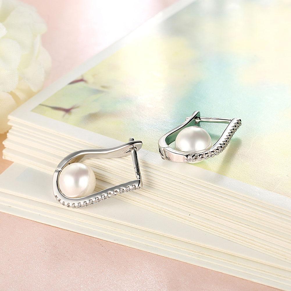 2.00 Ct  Crystal and Pearl Huggie Earring in 18K White Gold Plated