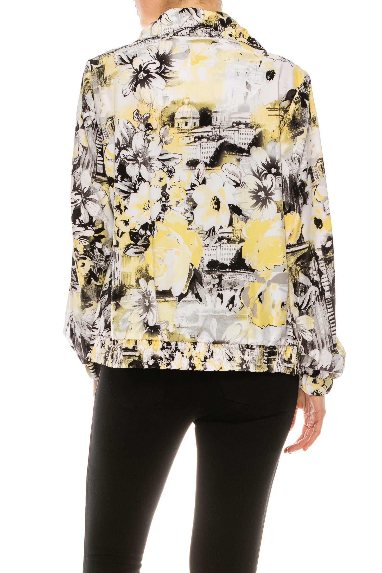 Allison Daley Yellow Destination Floral Print Zip Up Collared Jacket