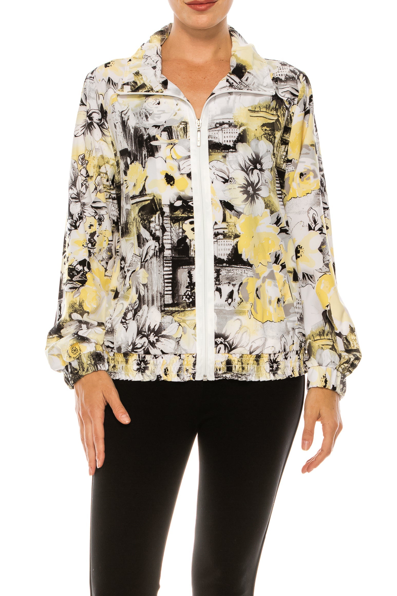 Allison Daley Yellow Destination Floral Print Zip Up Collared Jacket