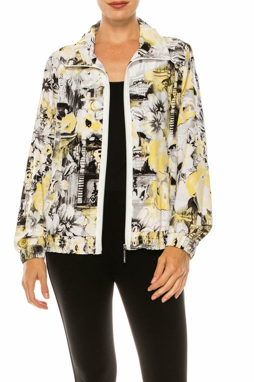 Allison Daley Yellow Destination Floral Print Zip Up Collared Jacket