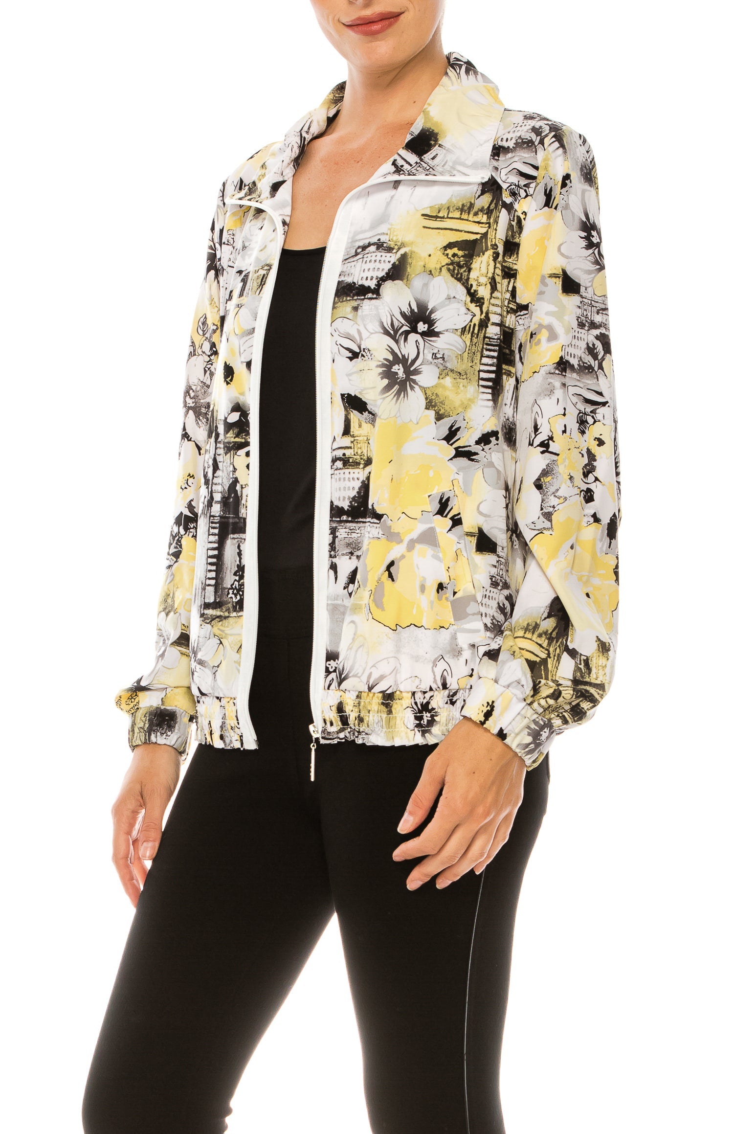 Allison Daley Yellow Destination Floral Print Zip Up Collared Jacket