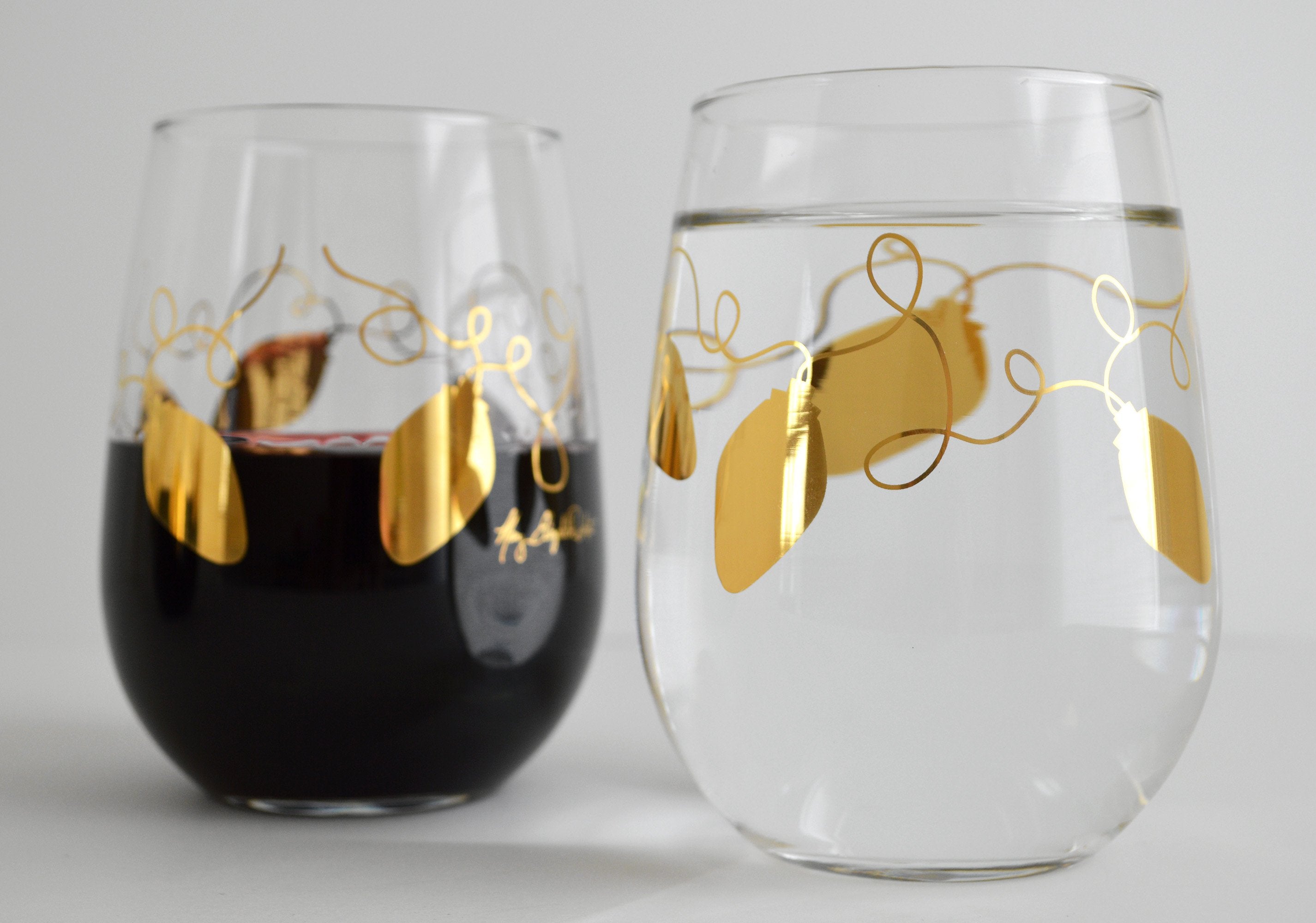 Metallic Gold Retro Christmas Lights Stemless Wine