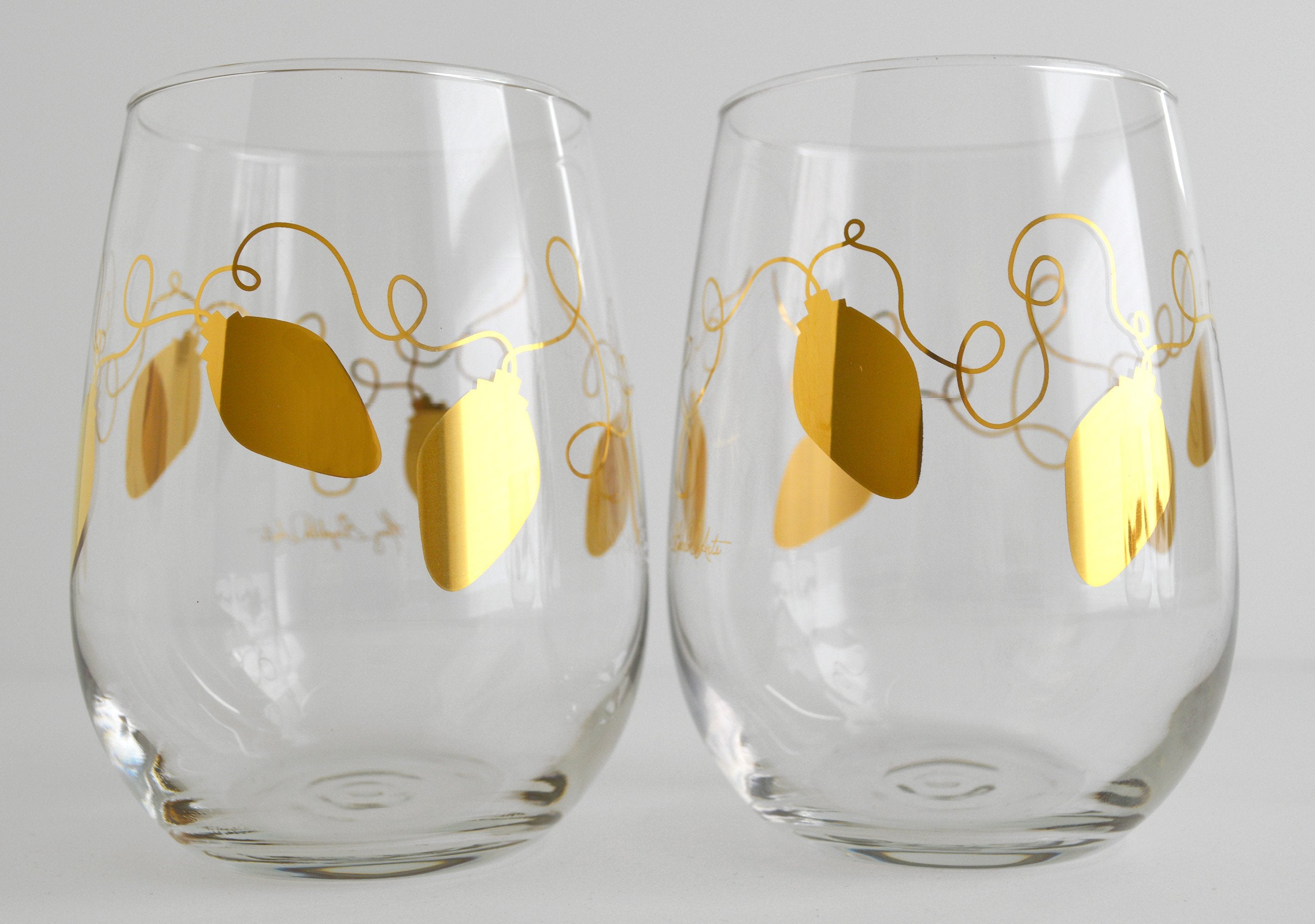 Metallic Gold Retro Christmas Lights Stemless Wine