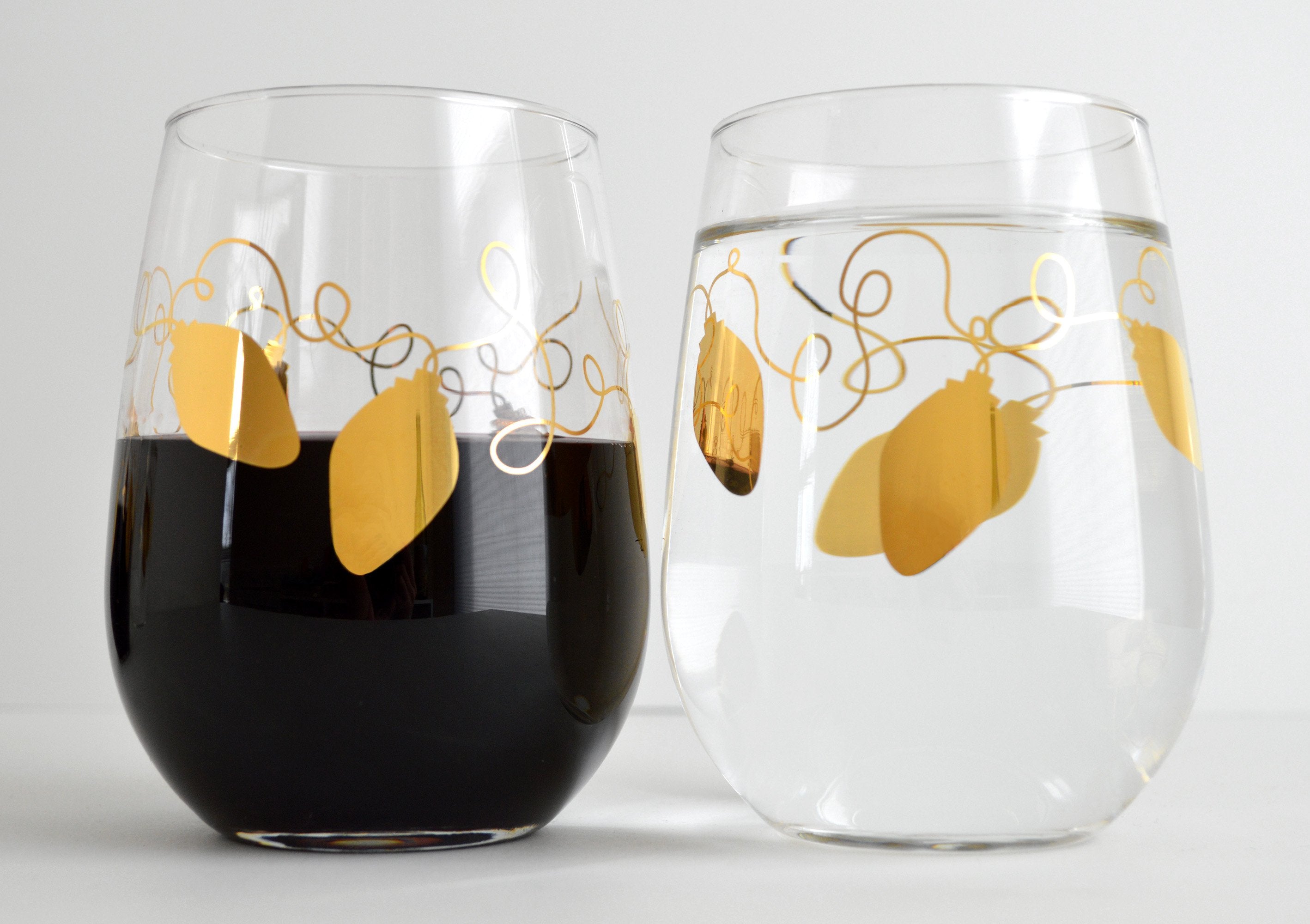 Metallic Gold Retro Christmas Lights Stemless Wine