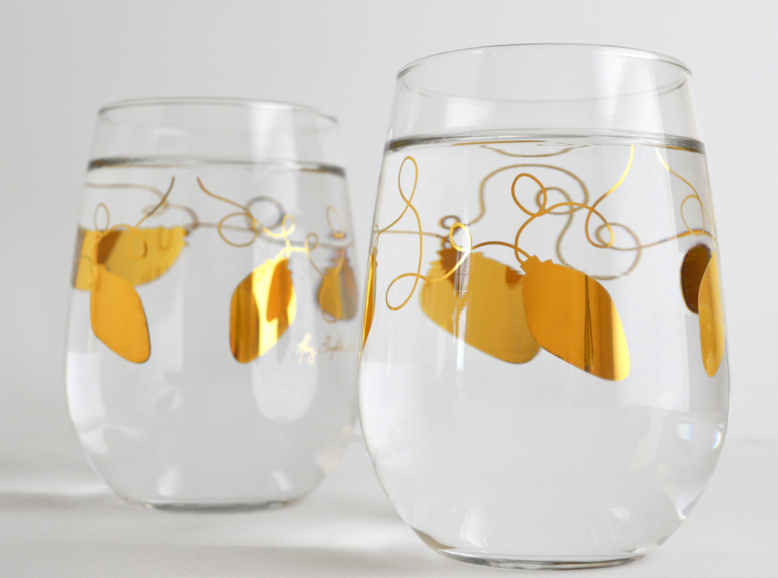 Metallic Gold Retro Christmas Lights Stemless Wine