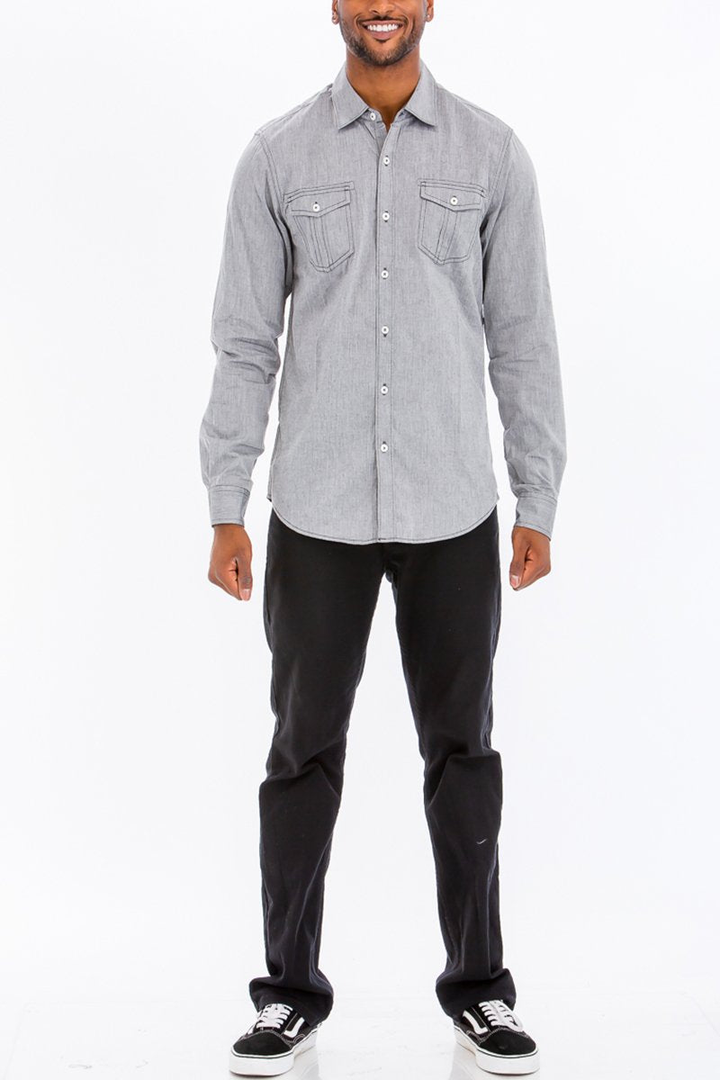 OUTLINE STITCH LONG SLEEVE BUTTON DOWN SHIRT