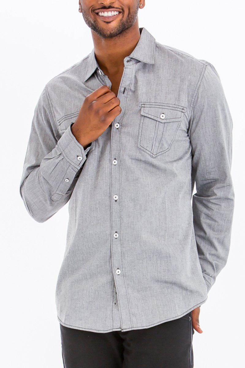 OUTLINE STITCH LONG SLEEVE BUTTON DOWN SHIRT