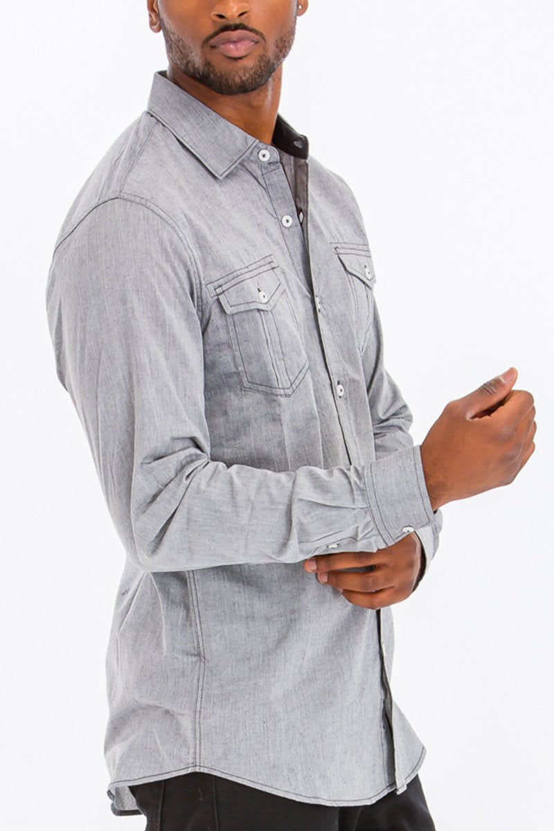 OUTLINE STITCH LONG SLEEVE BUTTON DOWN SHIRT