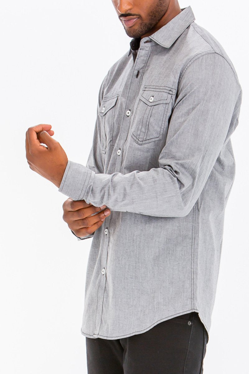 OUTLINE STITCH LONG SLEEVE BUTTON DOWN SHIRT