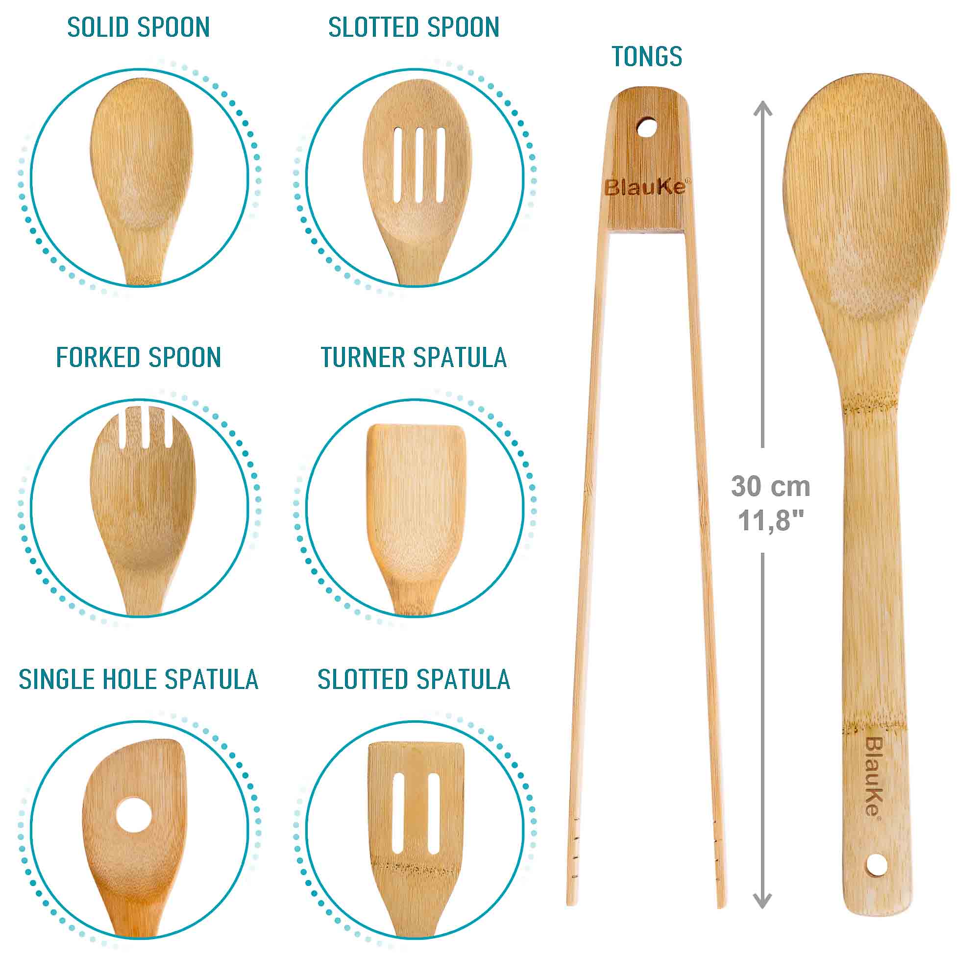 Wooden Spoons for Cooking 7-Pack - Bamboo Kitchen Utensils Set for