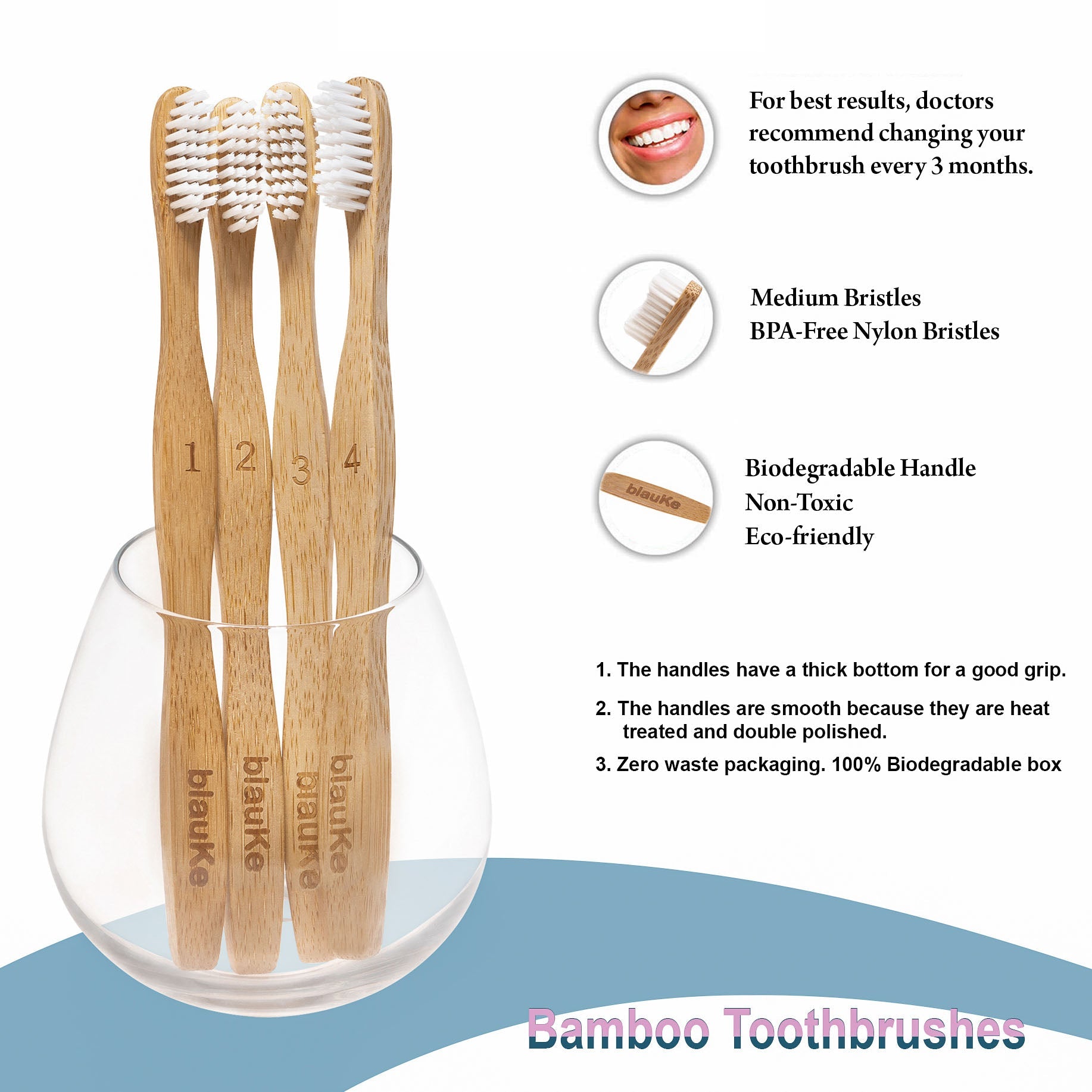 blauKe Bamboo Toothbrush Set 4-Pack - Medium Bristle