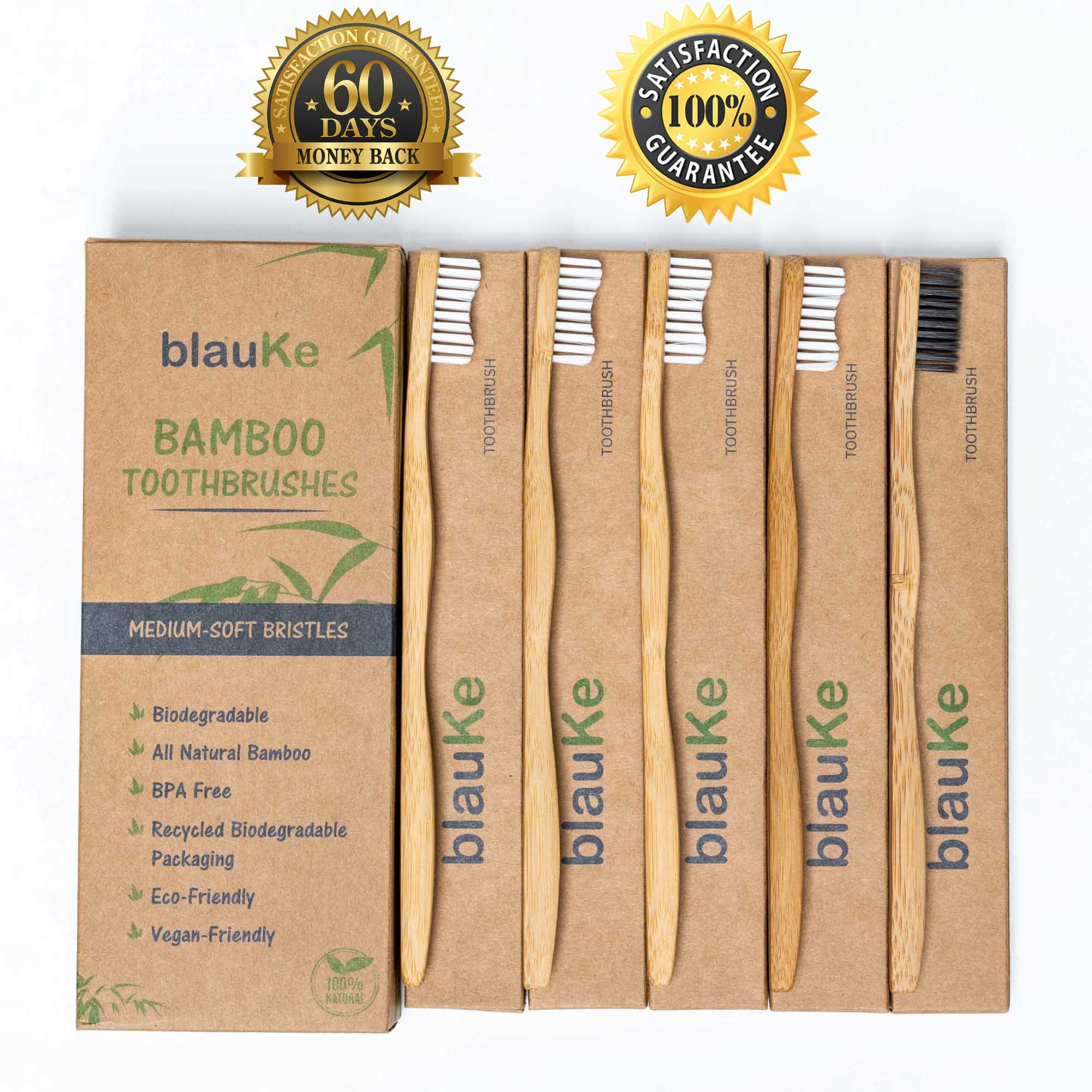 blauKe Bamboo Toothbrush Set 5-Pack - Bamboo Toothbrushes with Medium