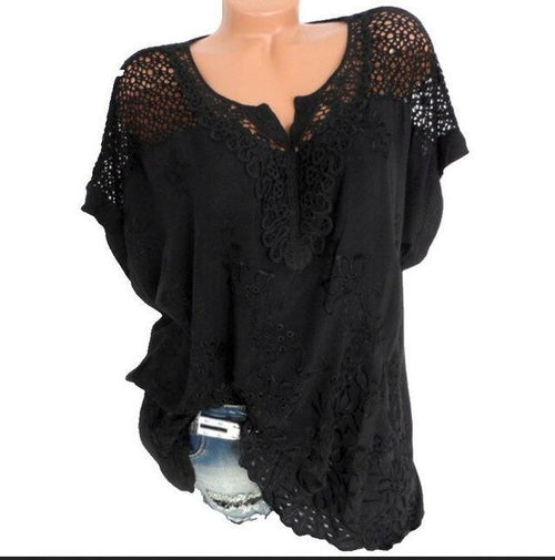 Women's Lace Blouses V Neck Short Sleeve Batwing White