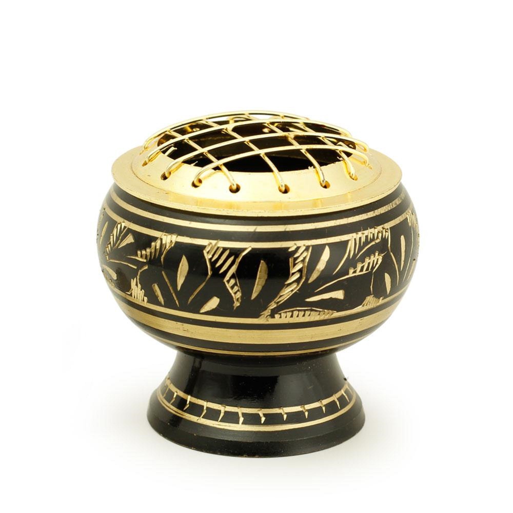 Black Brass Incense Burner Leaf Engraving, Net Top