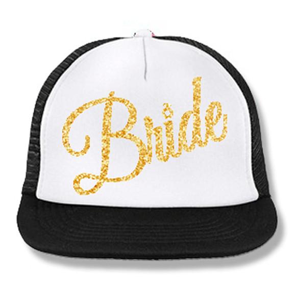 BRIDE Cursive Snapback Trucker Hat White with Gold