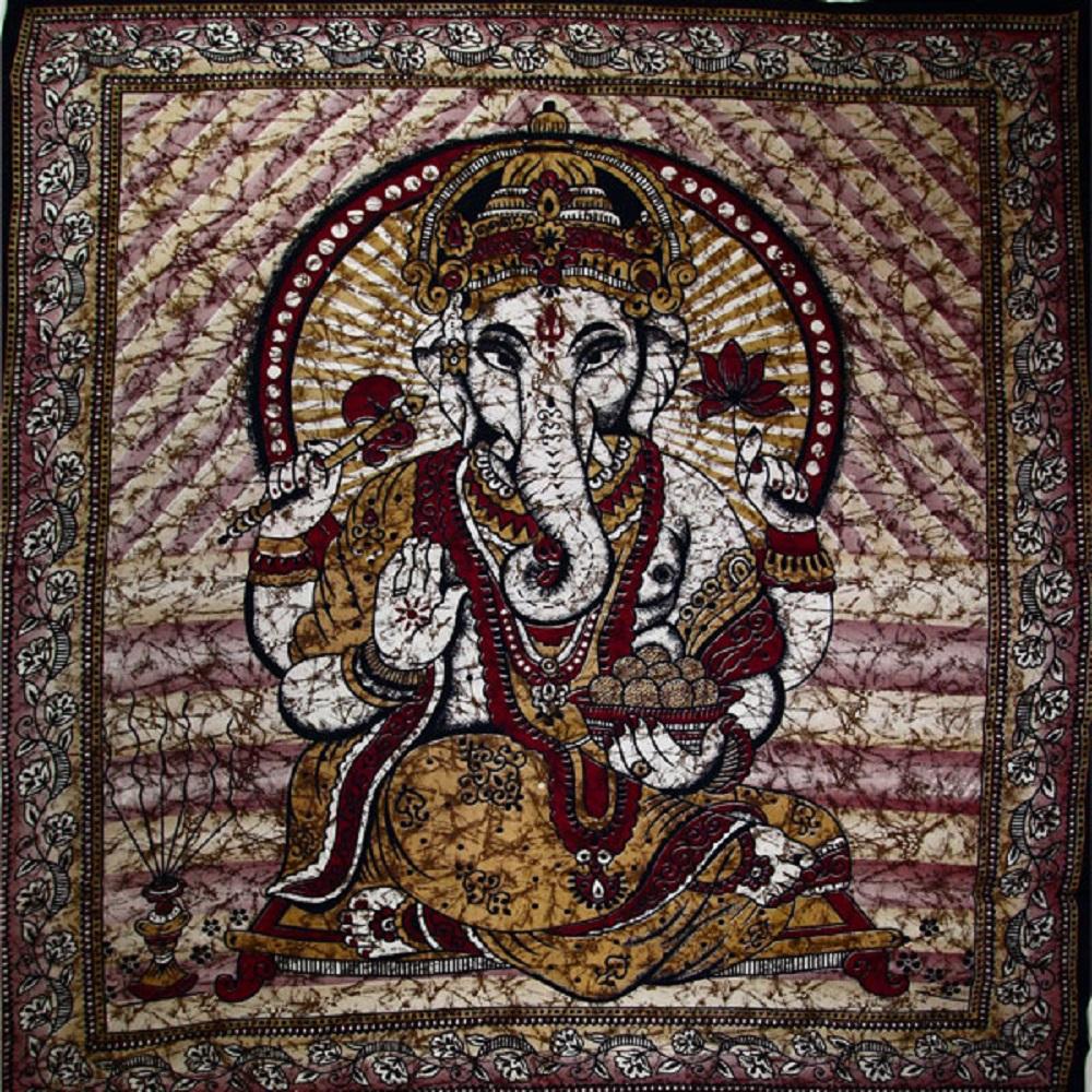 Ganesha Holding Lotus Flower In Batik Style Tie Dye Tapestry | Silver Hestia