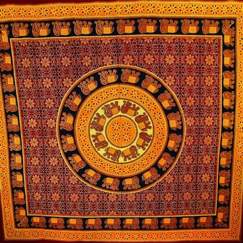 Brown & Saffron Bagru Elephant Mandala Tapestry