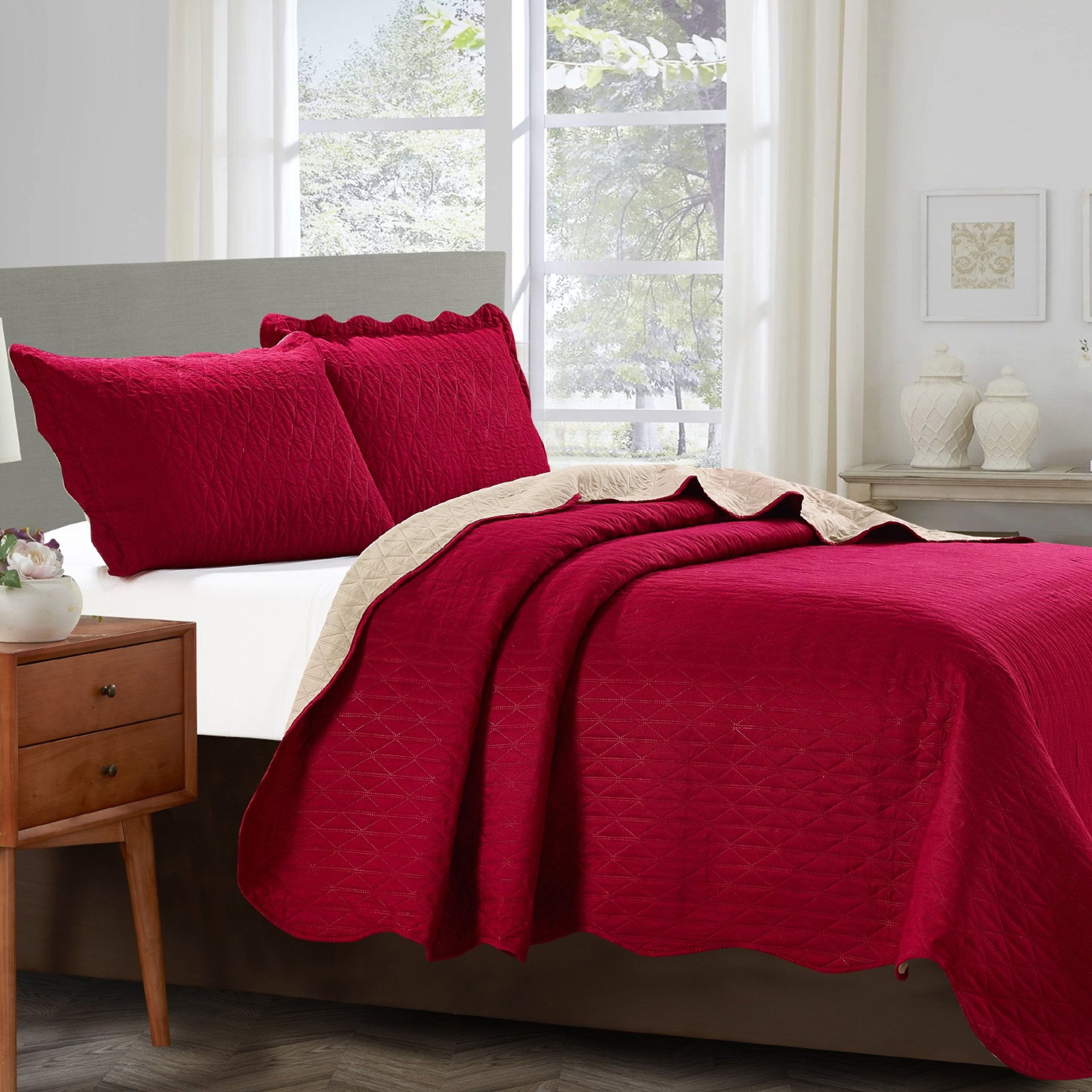 Sherry - 3 Piece - Solid Reversible Quilt Set - Burgundy | Azure Zeus