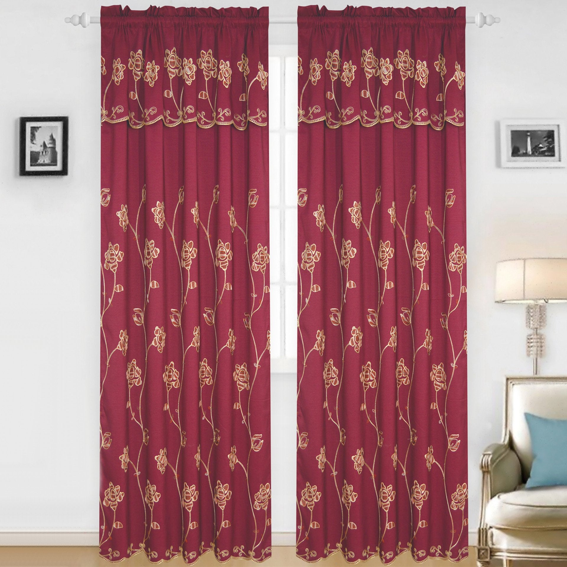 Claire - Jacquard Rod Pocket Panel with Attached Valance Set of Two -