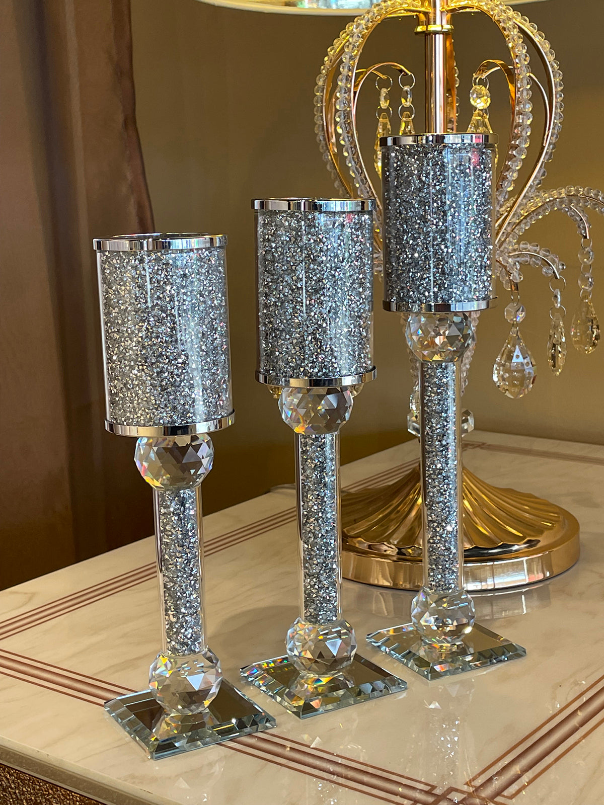 Ambrose 3 Candles Holder Set, Silver Crushed Diamonds Glass