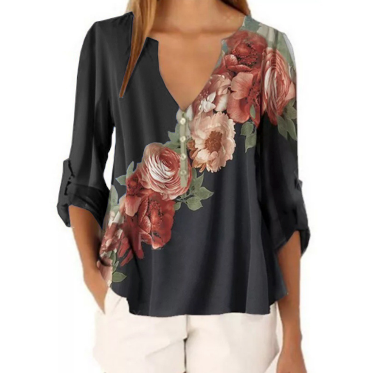 Womens V Neck Floral Chiffon Top