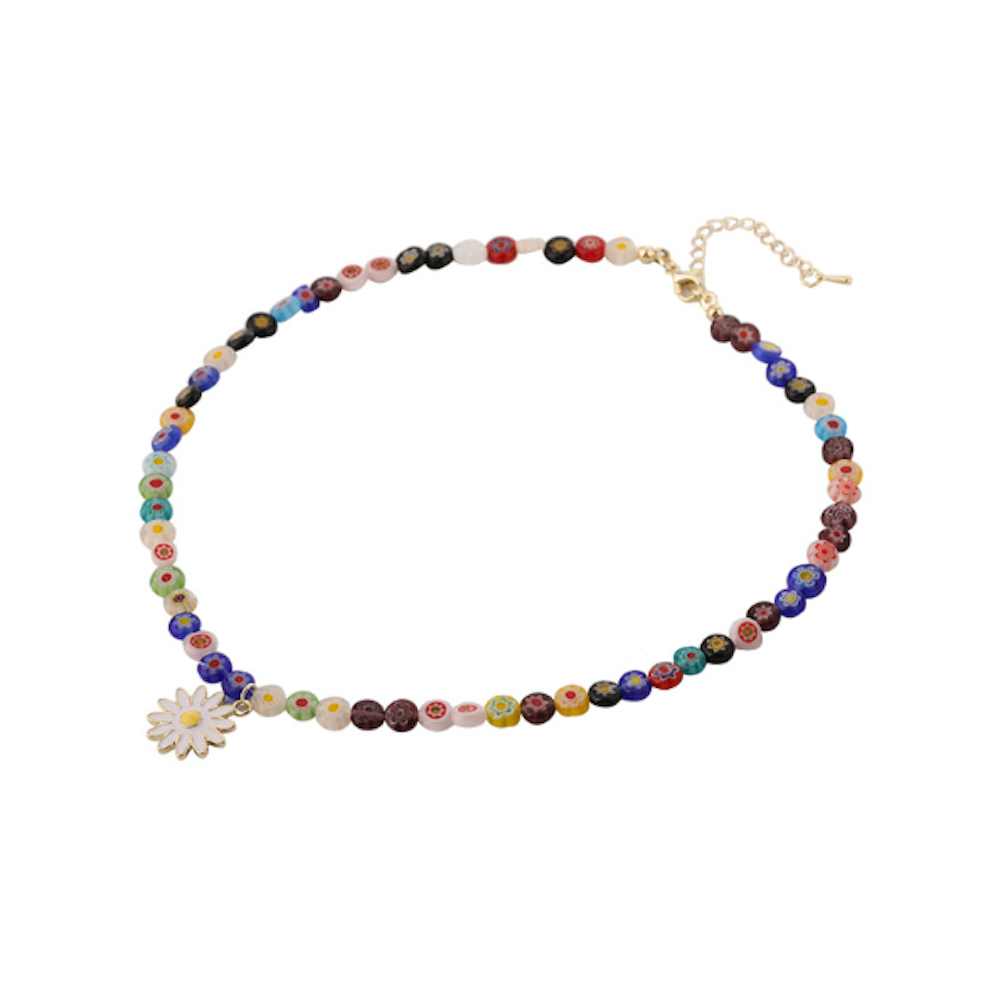 Womens Rainbow Beaded Necklace With Daisy Pendant