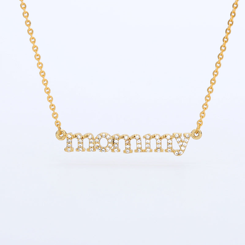 Crystal Pave CZ Letters mommy Pendant Necklace | White Themis