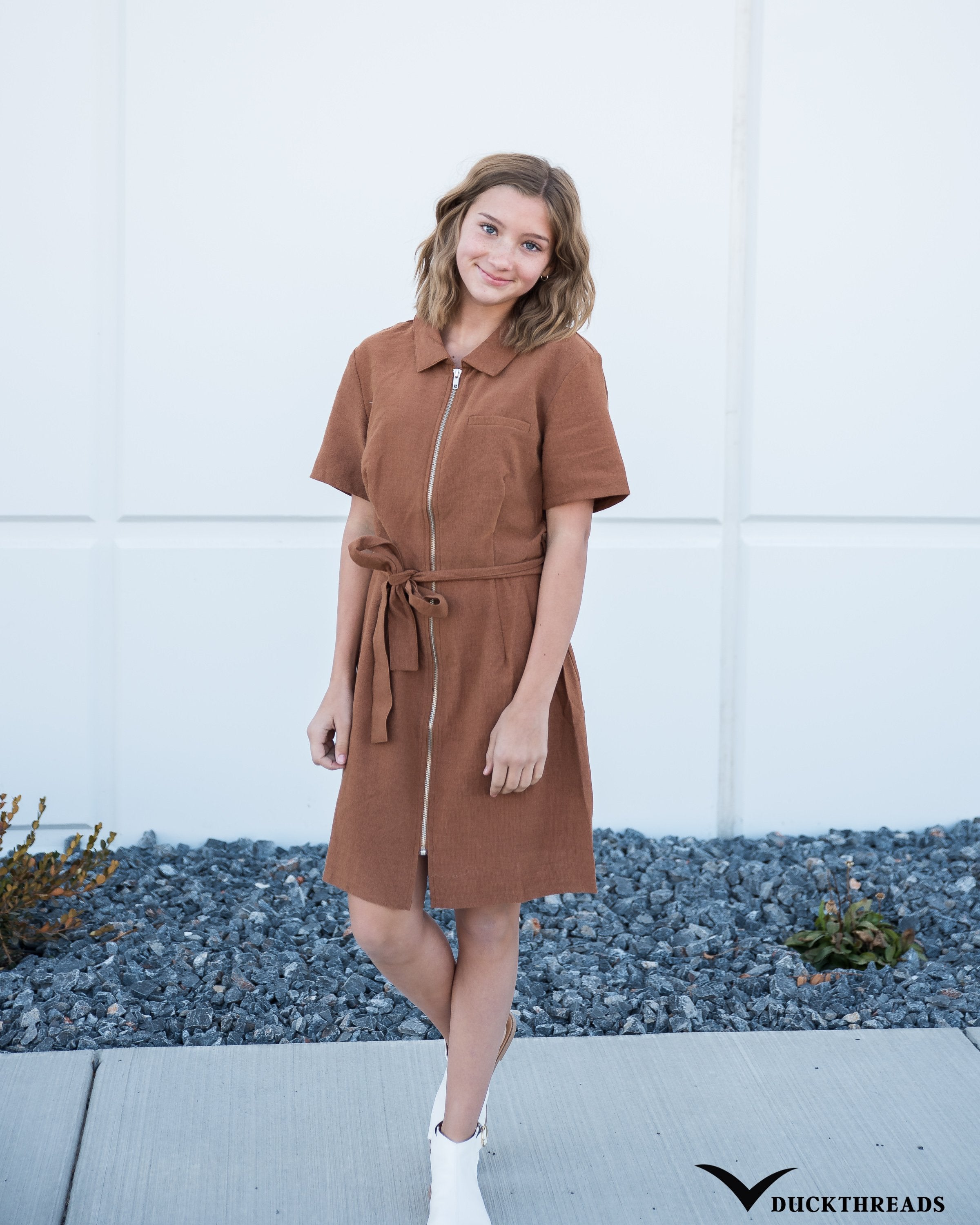 Women's Front-zip Corduroy Dress with Tie Belt - in Mocha