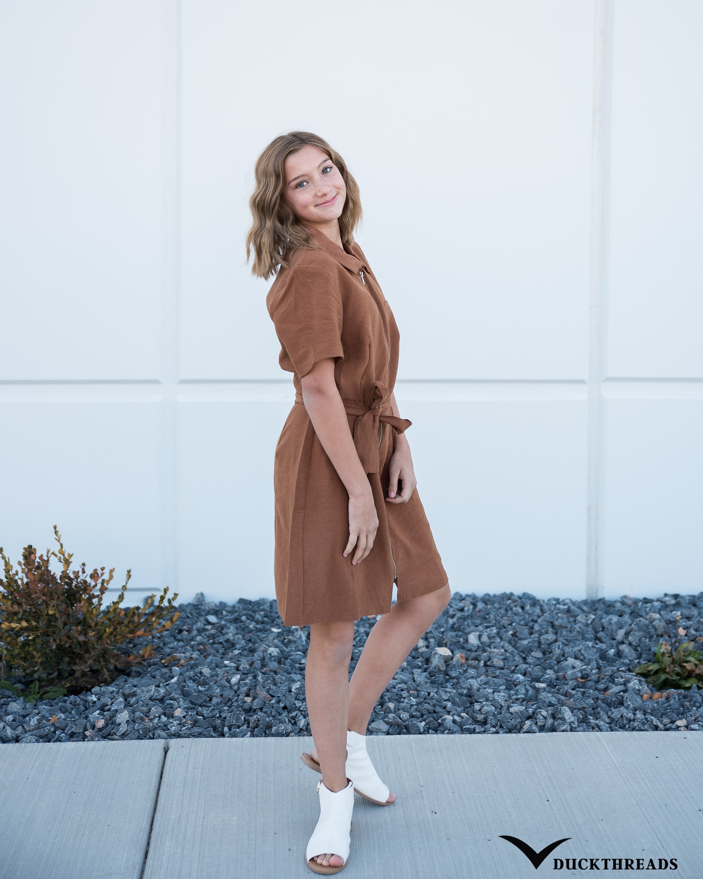 Women's Front-zip Corduroy Dress with Tie Belt - in Mocha