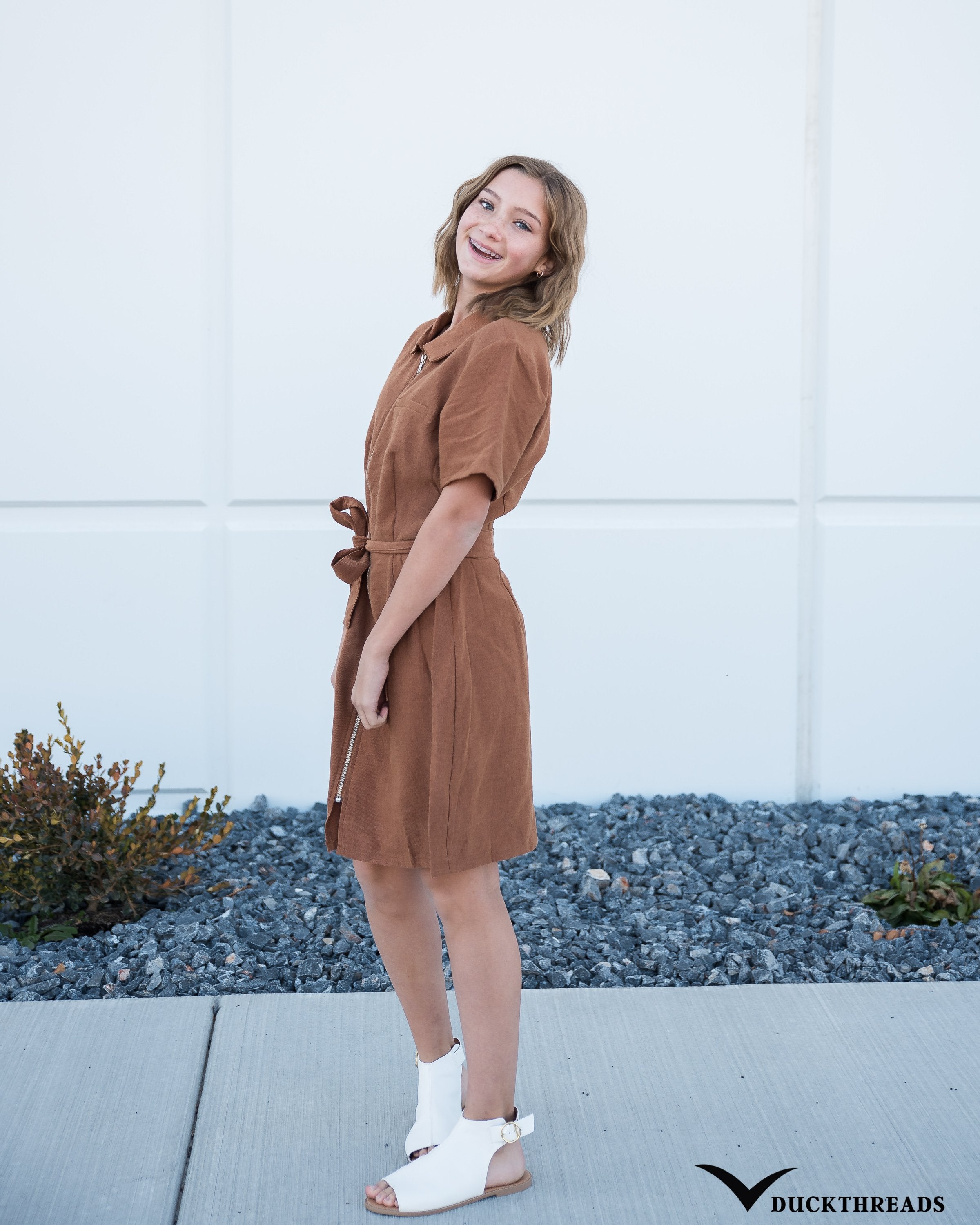 Women's Front-zip Corduroy Dress with Tie Belt - in Mocha