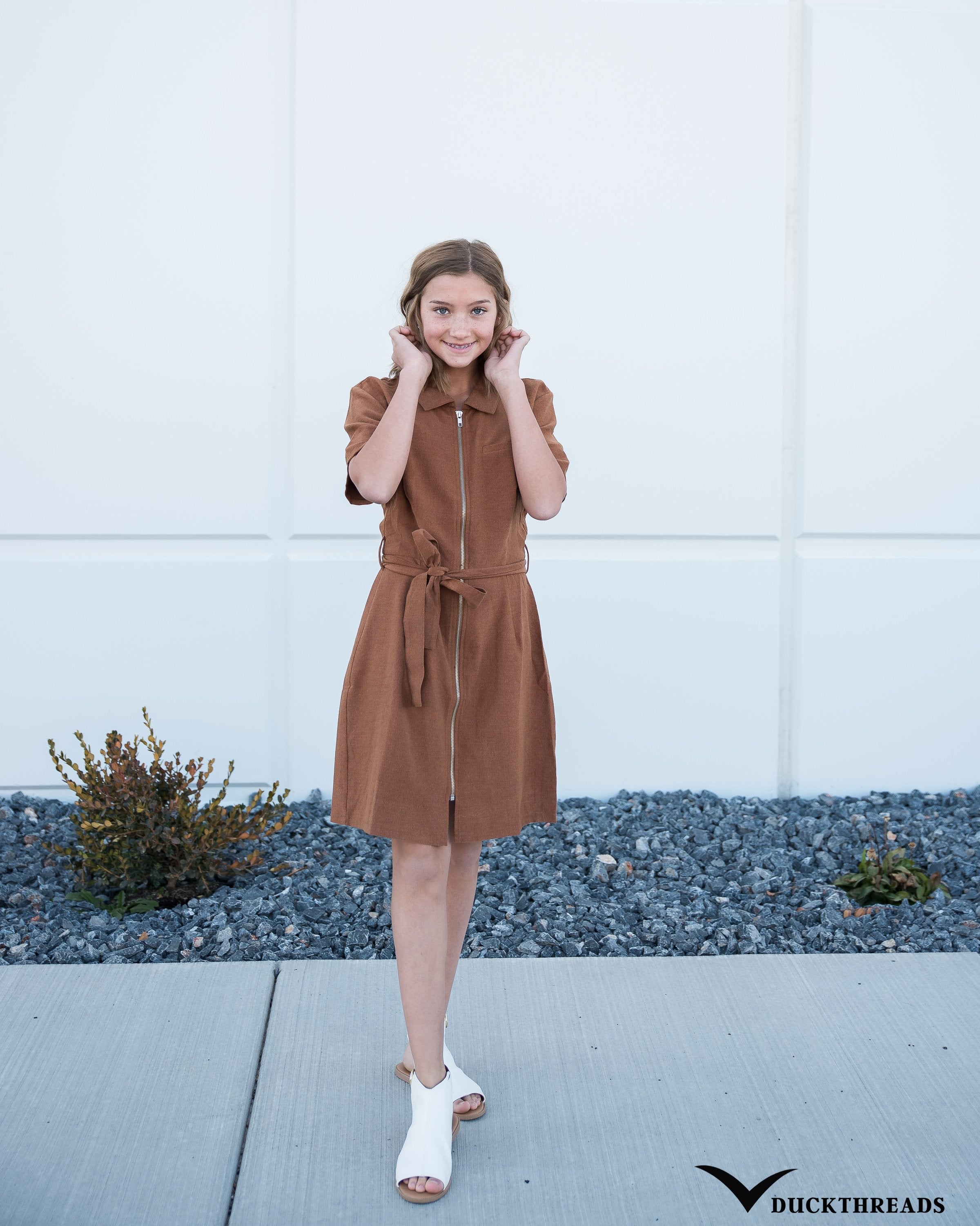 Women's Front-zip Corduroy Dress with Tie Belt - in Mocha