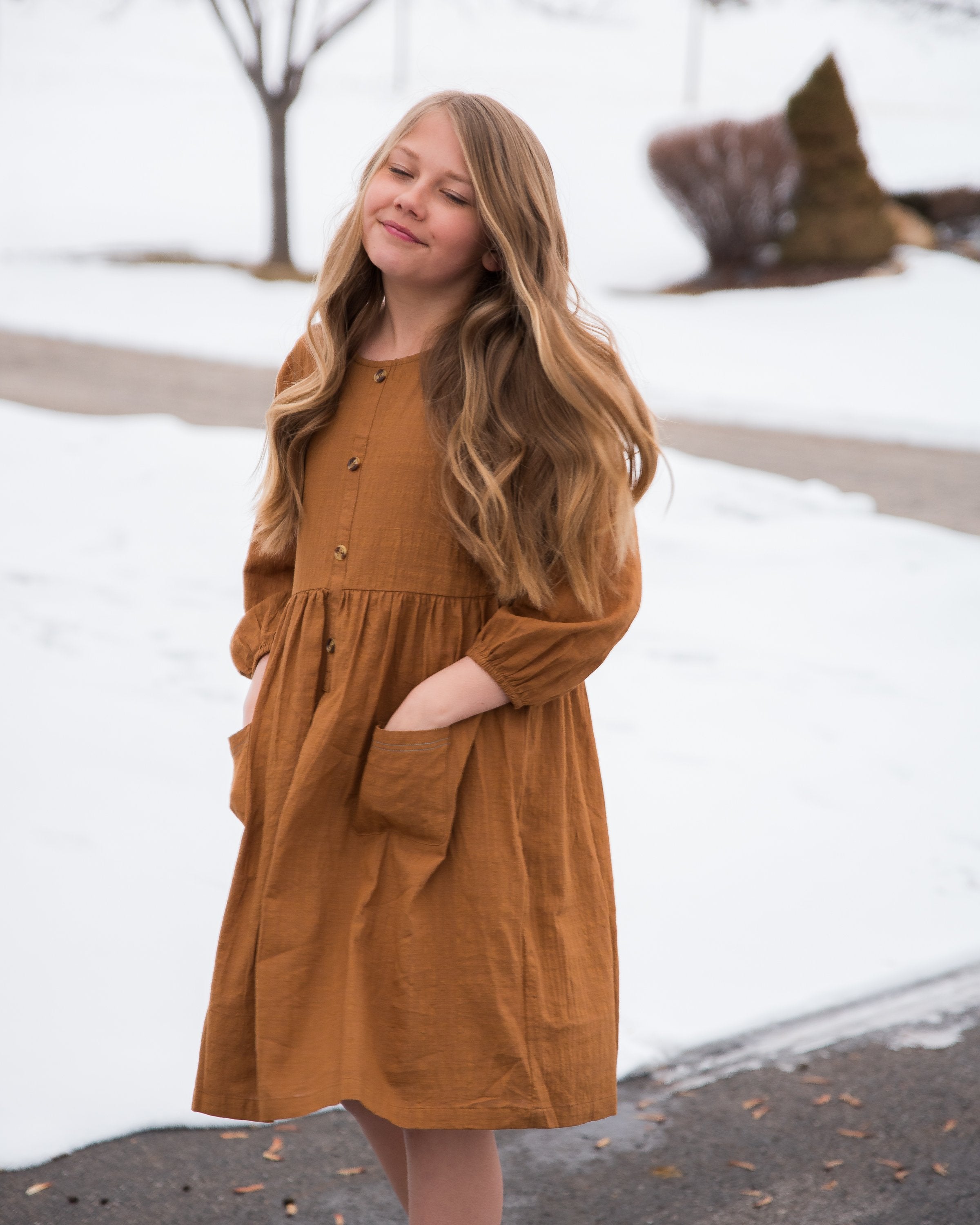 Button-Down Midi Peasant Dress for Girls