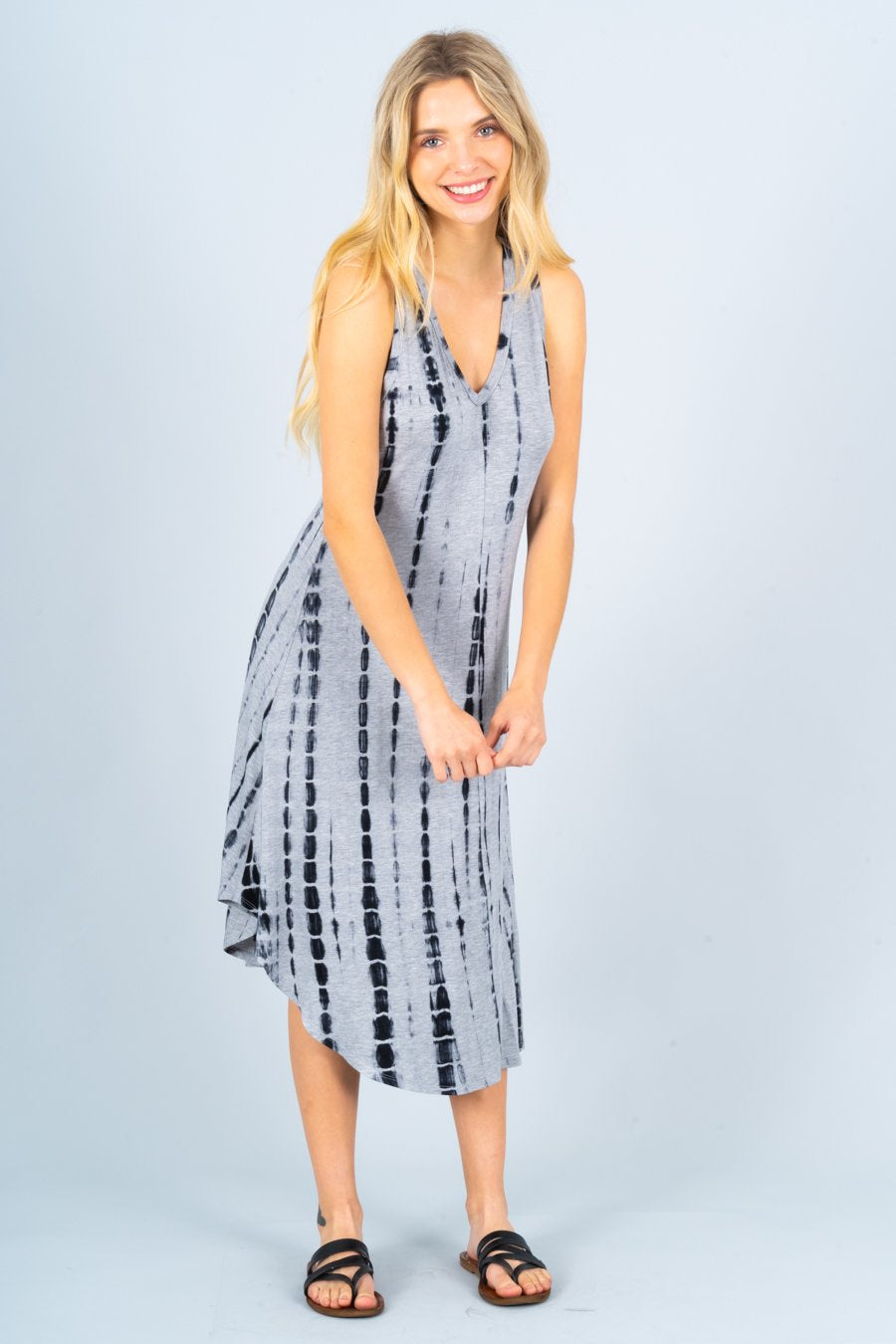 Tie Dye V neck Midi Dress with Curved Hem