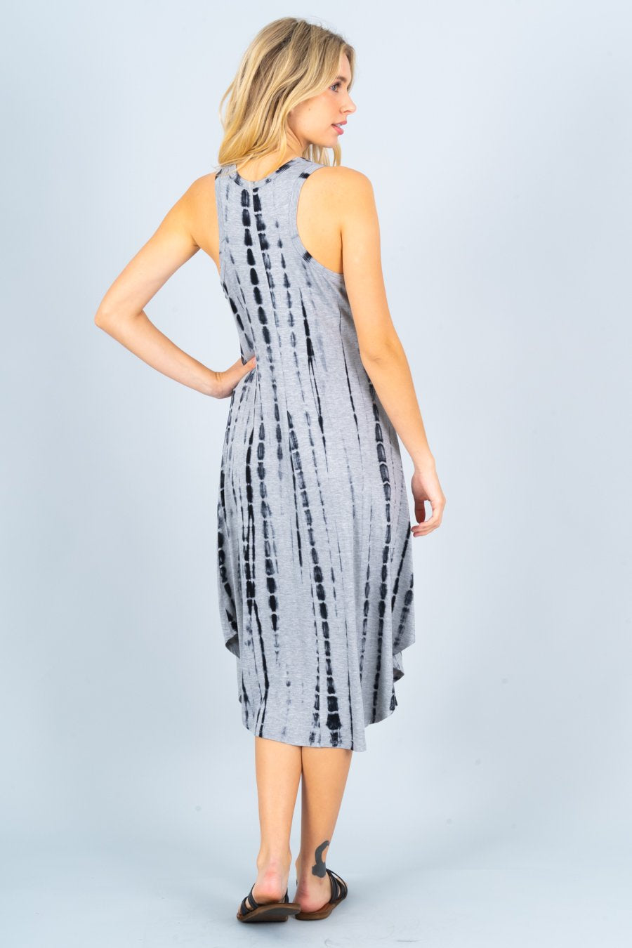 Tie Dye V neck Midi Dress with Curved Hem