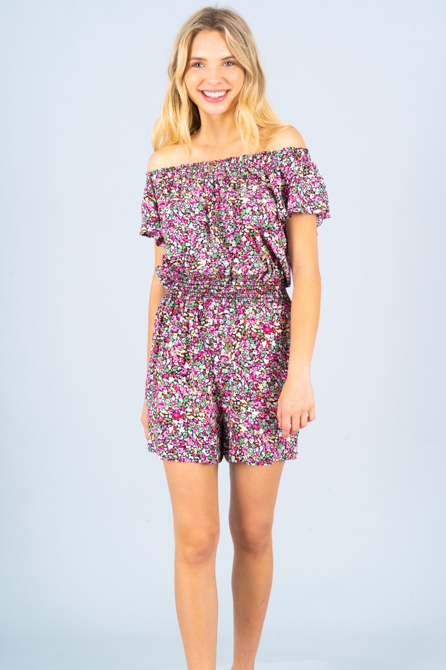 Ditsy Floral Print Off the Shoulder Romper | Tan Hephaestus