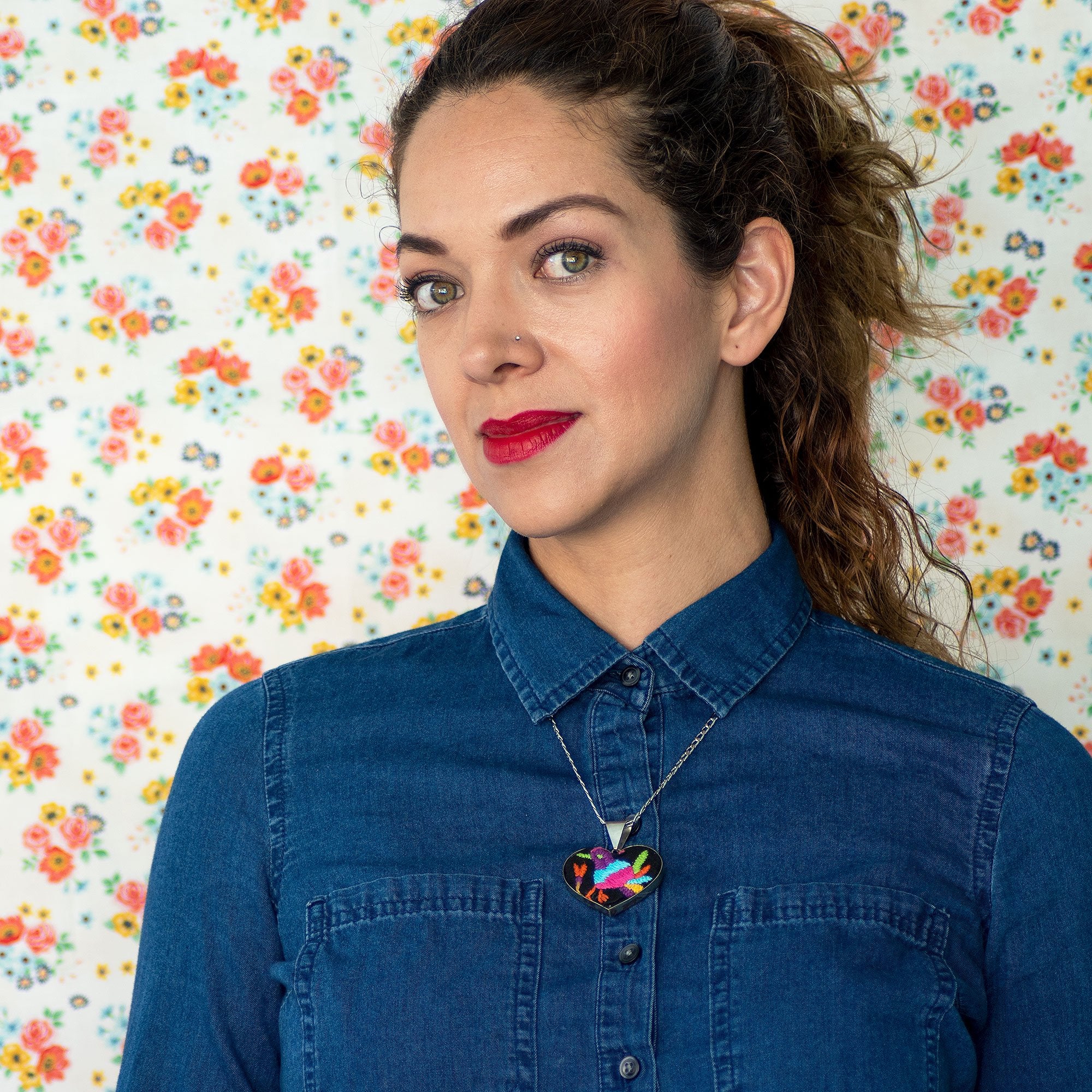 Tenango de Doria Embroidered Heart Necklace.