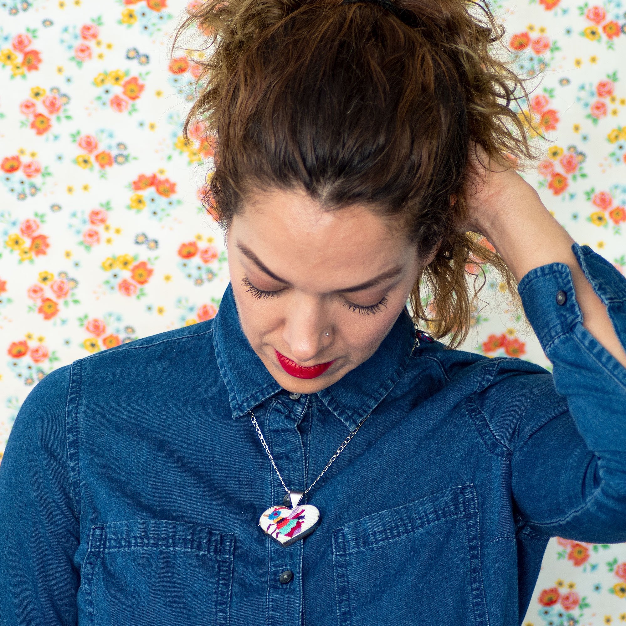 Tenango de Doria Embroidered Heart Necklace.