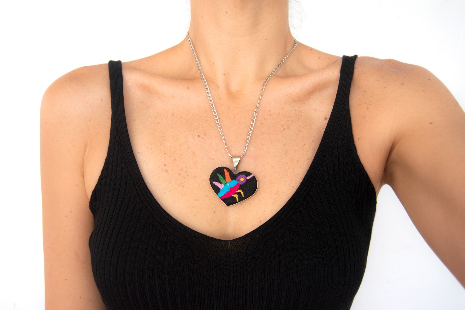 Tenango de Doria Embroidered Heart Necklace.