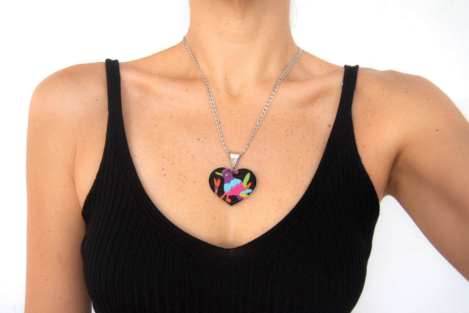 Tenango de Doria Embroidered Heart Necklace.