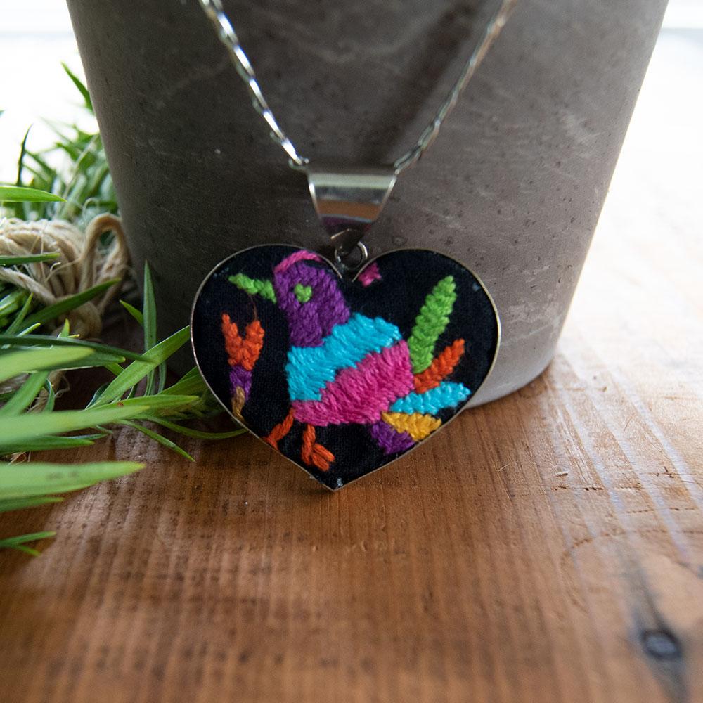 Tenango de Doria Embroidered Heart Necklace.