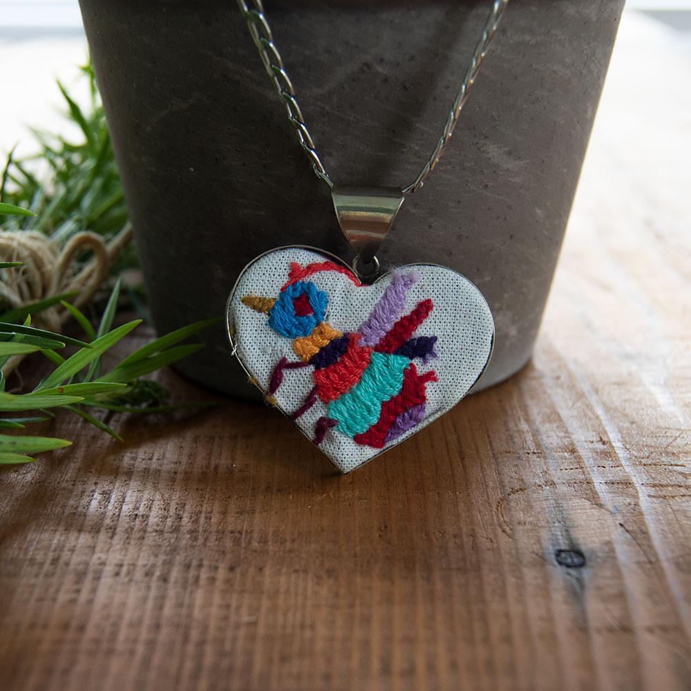 Tenango de Doria Embroidered Heart Necklace.