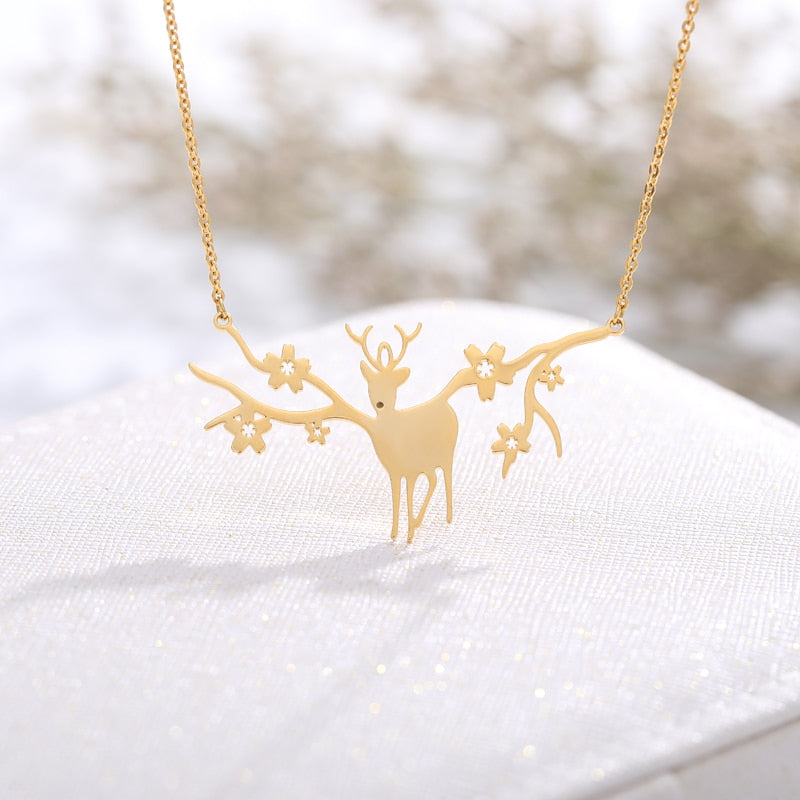 Dainty Antler Deer Elk With Flower Pendant | White Themis