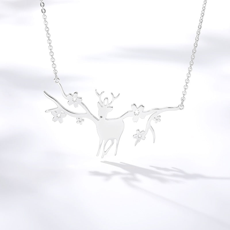 Dainty Antler Deer Elk With Flower Pendant