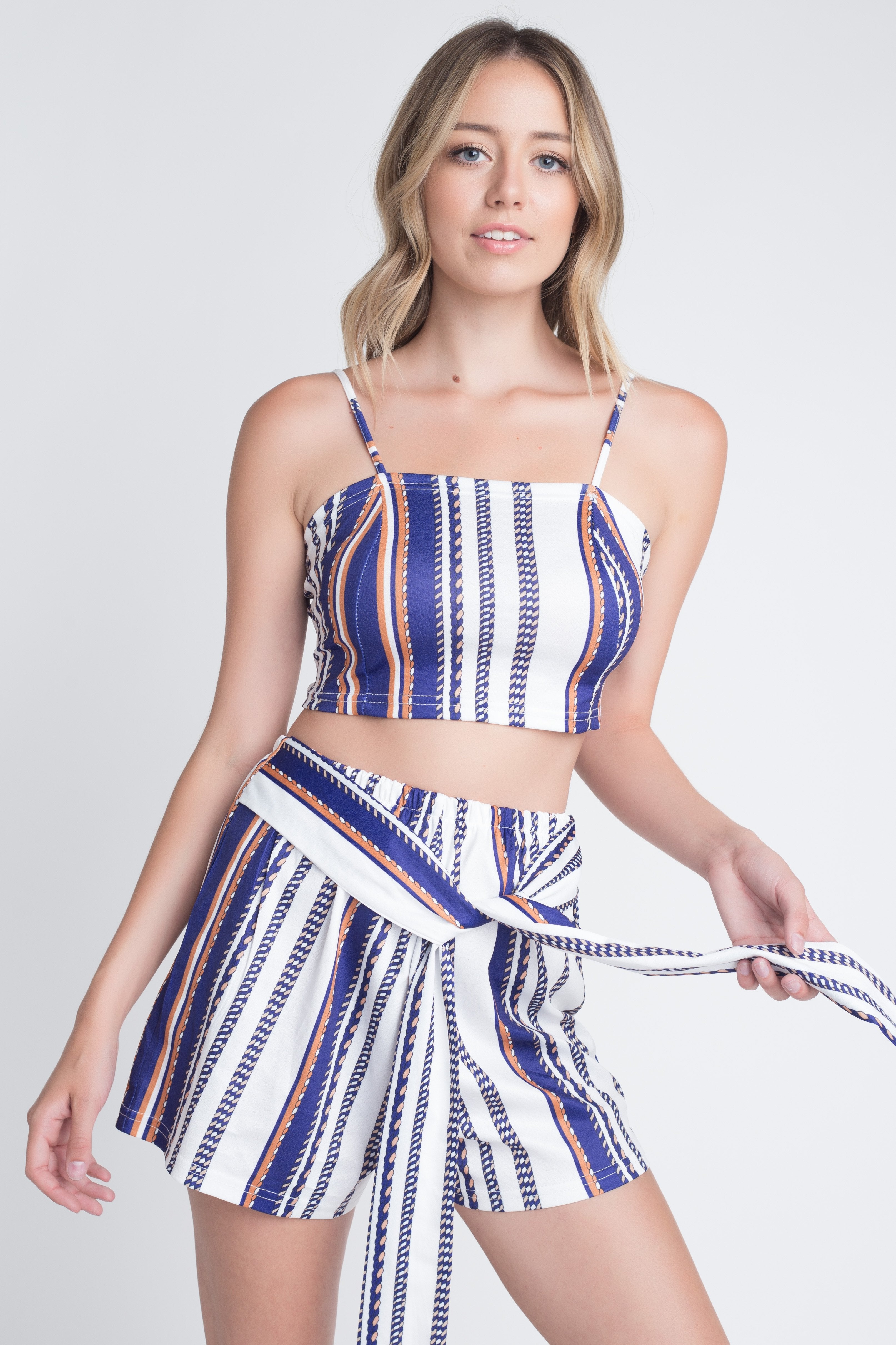 Women's Unique Stripe Printed 2pc Set with Tie | Ivory Felix