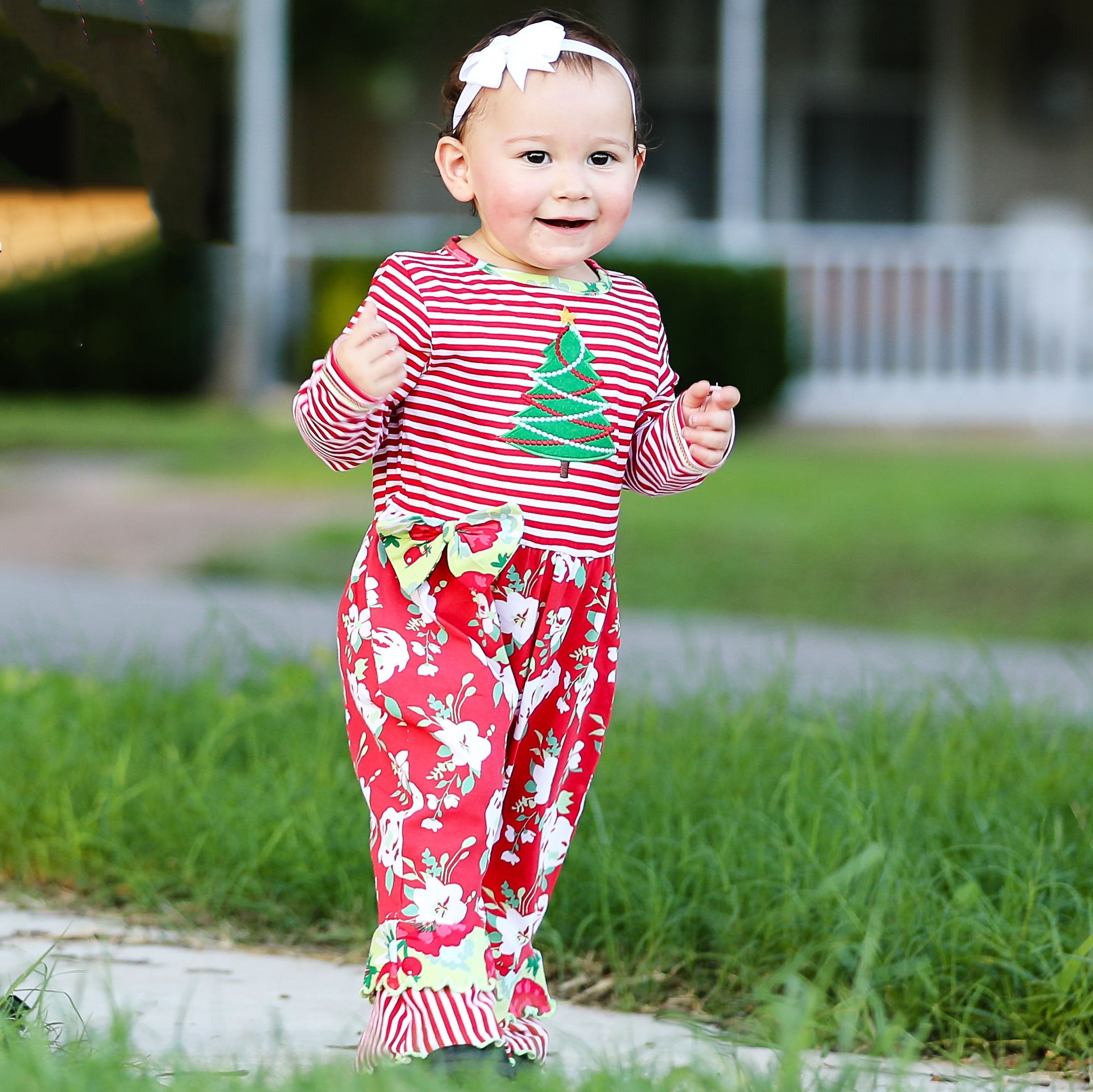 AnnLoren Baby Girls Merry Christmas Tree Holiday Floral Toddler Romper