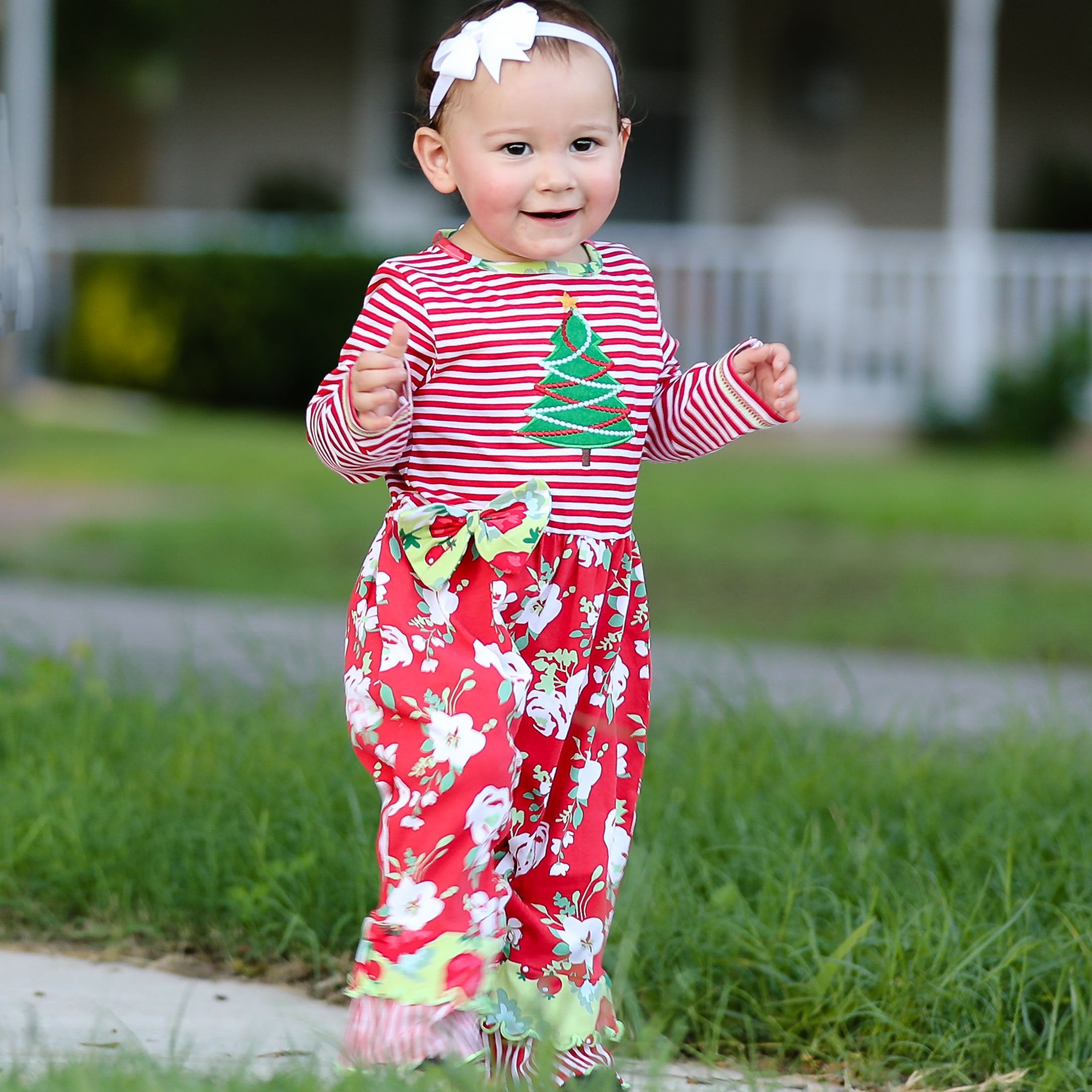 AnnLoren Baby Girls Merry Christmas Tree Holiday Floral Toddler Romper